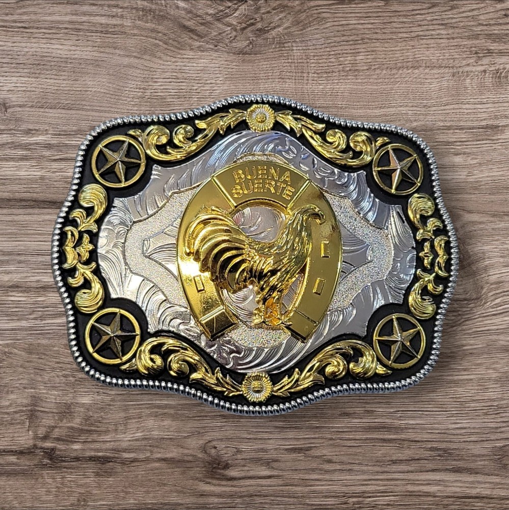 Cowboy Belt Buckle – Horse Shoe/Rooster and Stars 4.25&Prime;x3.25&Prime; Silver/Black/Gold