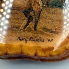 Betty Loucks Belt Buckle Brown Hand Painted Elk Antler Vintage 1985