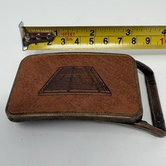 Vintage Tennis Court Belt Buckle Brass Tone Leather Inlay Jim Tait Engraving 70s