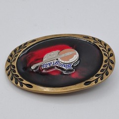Vintage Bluegrass Belt Buckle Brass 3D Bango Red Enamel Inlay Blue Script Rare