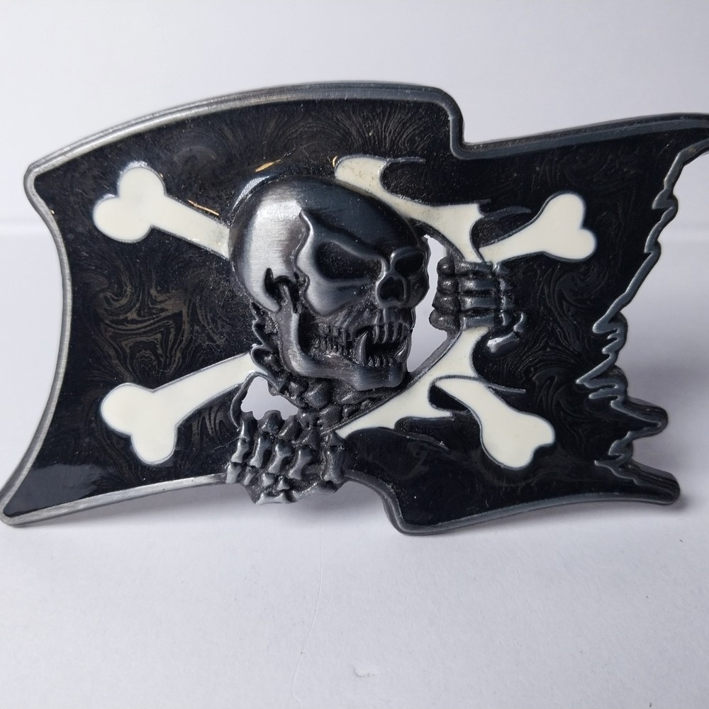 Jeans Friend Jolly Roger Skull Crossbones Pirate Flag Silver Tone Belt Buckle