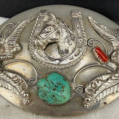 Vintage Western Belt Buckle Equestrian Red Green Polished Stone