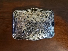 Vintage Western Floral Engraved Silver Tone Belt Buckle Rope Border Rectangle