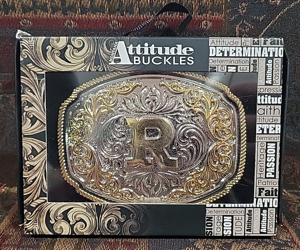 Montana Silversmiths Men&rsquo;s Letter « R » Attitude Belt Buckle Open Box