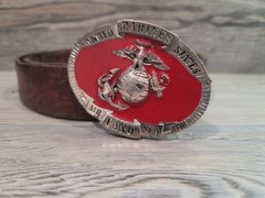 Marines belt buckle leather belt 45in used USMG first to fight