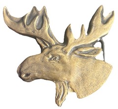 Vintage 1970’s Brass Moose Elk Head Wildlife Belt Buckle 4” #4047