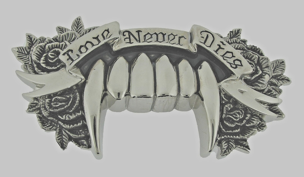 Fang Belt Buckle LOVE NEVER DIES Brushed Vintage Metal Rock Rebel New Men Women