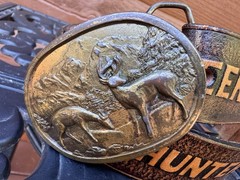 VTG SOLID BRASS INDIANA METAL CRAFT BELT BUCKLE With Tooled Belt Deer Hunters 34