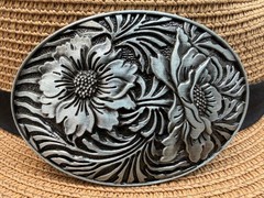 Classic Antiqued Silver Oval Western Cowboy Floral & Vine Belt Buckle