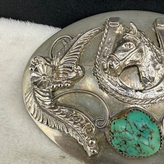 Vintage Western Belt Buckle Equestrian Red Green Polished Stone