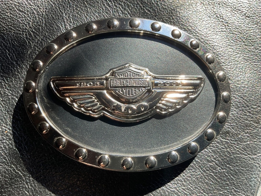 Harley-Davidson 100th Anniversary belt buckle.Bar&Shield w/wings.Chrome plated.
