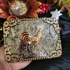 Rooster Western Belt Buckle Rose Tone And Silver Rare Piece With Red Stones