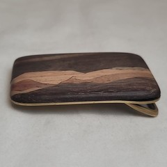 Terry L Evans Signed Inlaid Wood & Brass Belt Buckle Mountain Lanscape Scene VTG