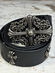 Belt Leather Black Chrome Tone Cross Buckle Size 32 Regular