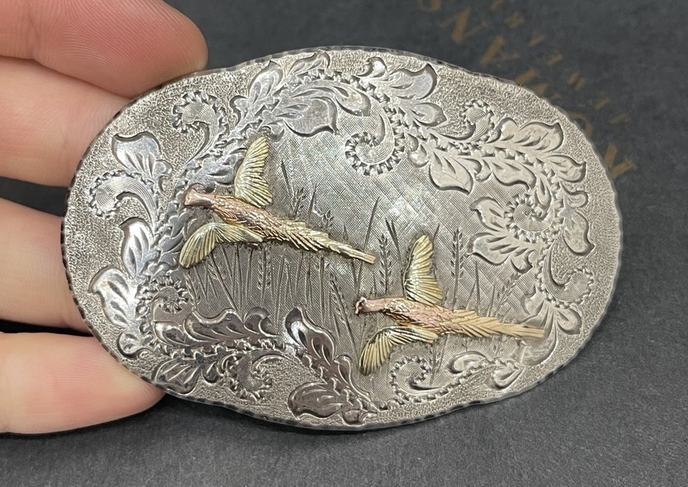 BHJ Co Sterling 10k Multi Color Black Hills Belt Buckle Hand Engraved Pheasants