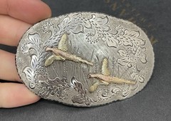 BHJ Co Sterling 10k Multi Color Black Hills Belt Buckle Hand Engraved Pheasants