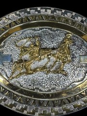 Vintage Crumrine Western Rodeo Team Roping Oval Belt Buckle Heavy Silver Bronze
