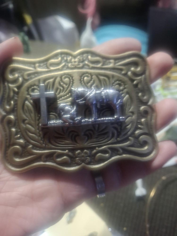 Men&rsquo;s Belt Buckle &lsquo;Cowboy Prayer,&rsquo; Brass with Silver Tone Cowboy, Horse & Cross