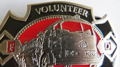 VOLUNTEER FIREMAN Belt Buckle Fire Truck Black Red Enamel F.D.