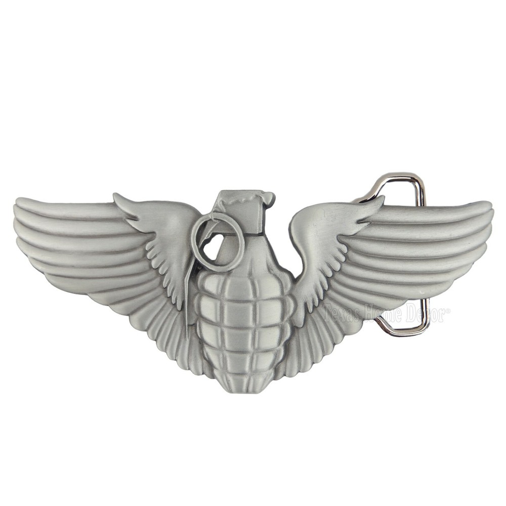 Grenade Angel Wings Belt Buckle Military Memorial Silver Tone Fits 1.5&Prime; Belt