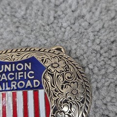 Union Pacific Railroad Belt Buckle Mens Silver Enamel Western Train Logo