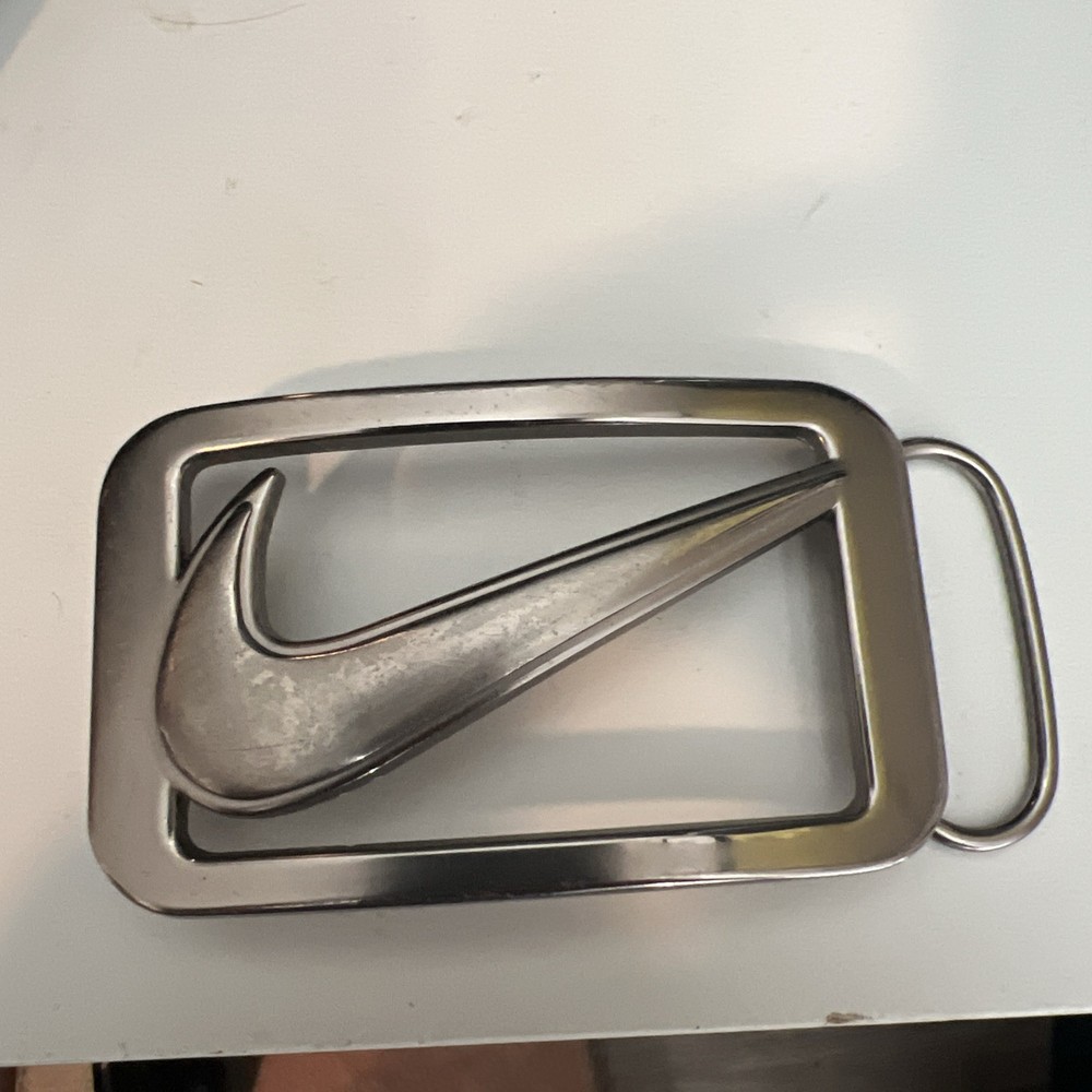Nike Swoosh Silver Colored Belt Buckle Sz 2&Prime; x 3.5&Prime; Plate Style with Logo Cutout