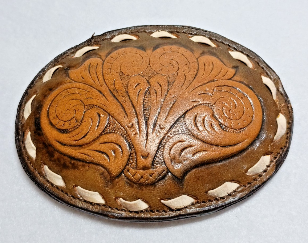 Vintage Justin Leather Belt Buckle Oval Western Cowboy Style 60-C Brown