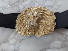 Vintage Lion Head Oversize Gold Metal Belt Buckle Elastic Fashion Belt 80&rsquo;s 90&rsquo;s