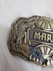 Vintage 1970s Belt Buckle Marked MIKE Oden Western Style Scalloped Edge Brass