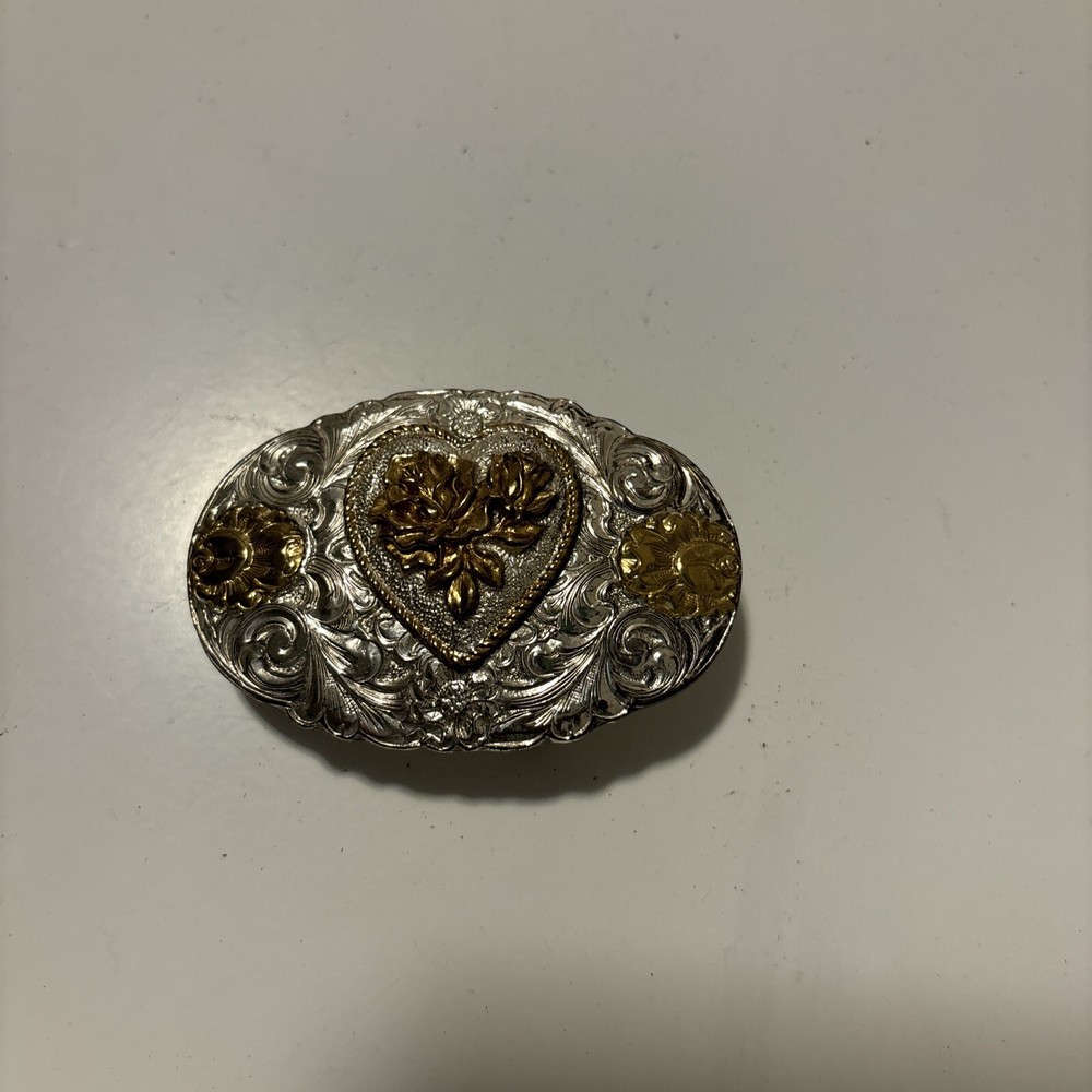 VTG Female Crumrine Silver-gold Western Belt Buckle, Heart Made In USA