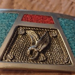 Vintage Men&rsquo;s Western Eagle Belt Buckle Silver Turquoise Coral Inlay