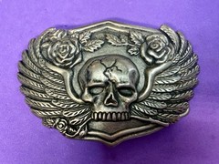 Skull with Wings Roses Halloween Gothic Punk Biker Vibe Silver Tone Belt Buckle