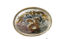Western Initial Belt Buckle 3.5 x 2 5/8 in Oval R Silver Engraved Gold 1.75