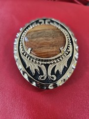 Brown Stone Goldtone Floral Etched Metal Belt Buckle Accessory
