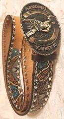 HORSESHOERS AMERICA AWARD DESIGN SOLID BRASS BUCKLE W/ LEATHER WILSON BELT SZ40