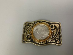 Vtg 1923 Peace Silver Dollar Coin Belt Buckle Engraved Scrollwork Western Cowboy
