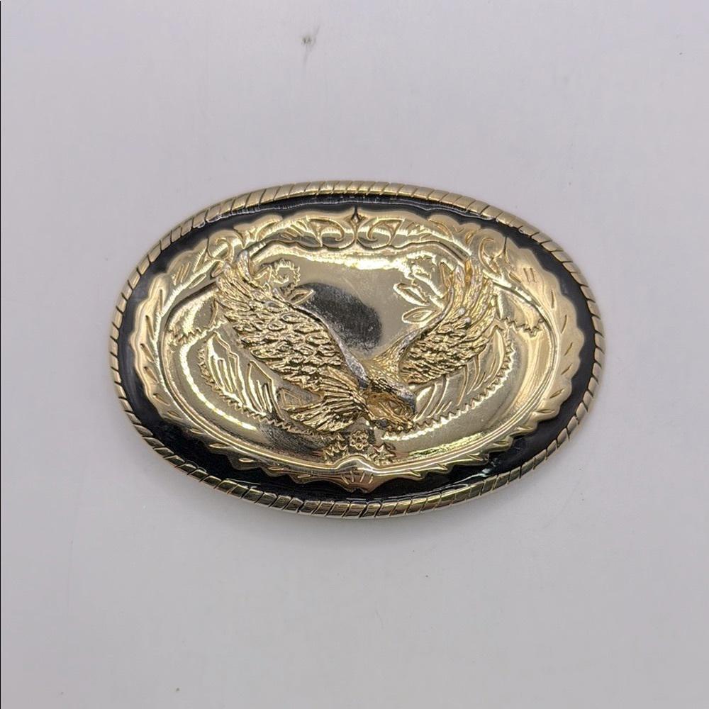 Vintage Gold Tone Black Bald Eagle Bird Belt Buckle Made In USA
