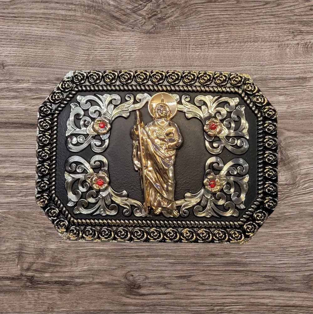 Cowboy Belt Buckle For Men Saint Jude 4.25&Prime;x3&Prime; Gold Tone/Silver/Black