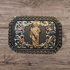 Cowboy Belt Buckle For Men Saint Jude 4.25&Prime;x3&Prime; Gold Tone/Silver/Black