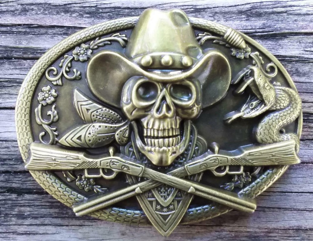 ANTIQUE BROZE DEAD COWBOY SNAKE SKULL GUN BELT BUCKLE RIFLES DEATH