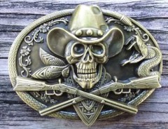 ANTIQUE BROZE DEAD COWBOY SNAKE SKULL GUN BELT BUCKLE RIFLES DEATH