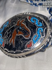Native American Western Silver Belt Buckle Turquoise Inlay/woven Belt Waist 44”