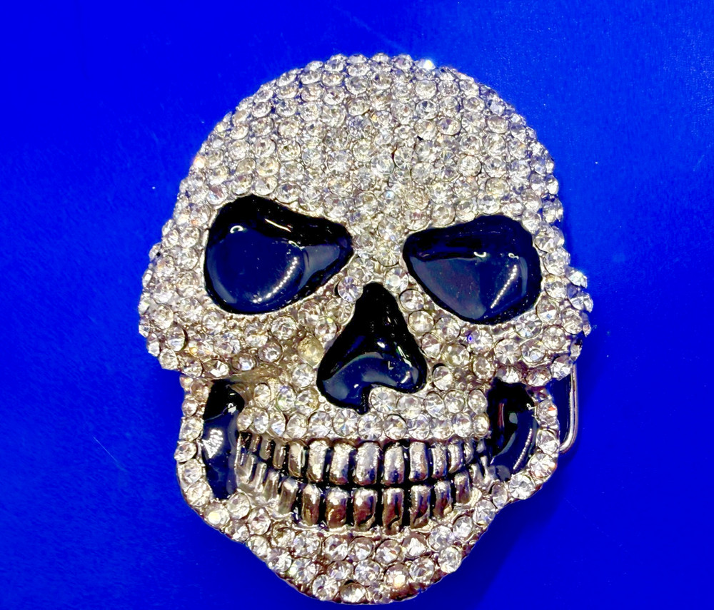 Creepy Skull Grinning Teeth Black Enamel Clear Rhinestone Covered Belt Buckle