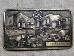 vintage CA belt buckle OIL REFINERY drilling rig SOLID BRASS western 1981