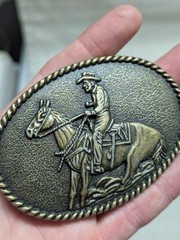 vintage 1970s belt buckle COWBOY john wayne WESTERN horse BRASS rodeo