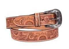 Affilare Tooled Genuine Leather Sunflower Design Western Belt With 38, Tan