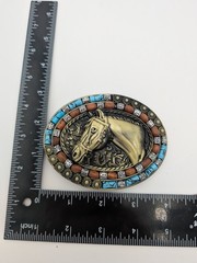 Brass Finish 4&Prime; Buckle Western Belt Buckle W/ Turquoise Stone Big Horse
