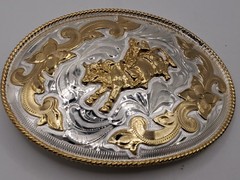 Alpaca Mexico Silver Gold Tone Large Rodeo Belt Buckle Cowboy Bull Rider 5&Prime;x4&Prime;