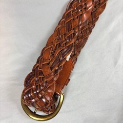 Fossil Braided Leather Belt Brown Woven Brass Buckle Large Boho Western festival