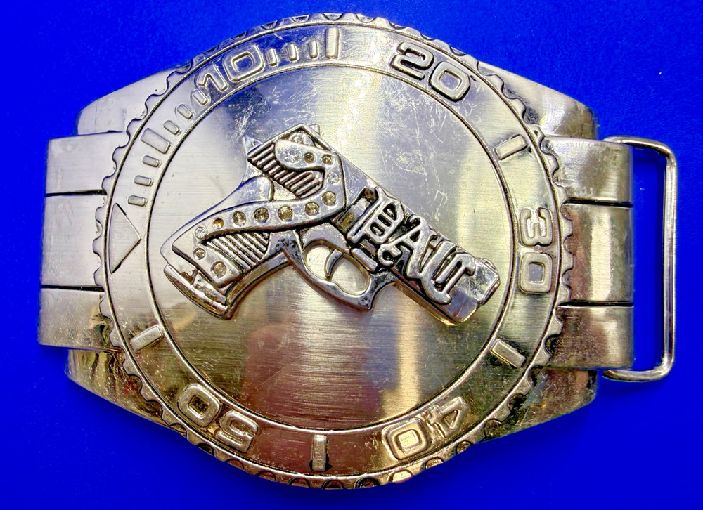 Dive Watch Style Shape Pistol Gun with Rhinestone Silver Color Large Belt Buckle